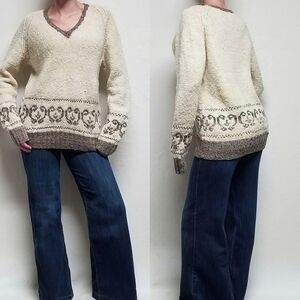 Vintage 1940s Hand Knitted Cream Brown Floral Heart V-neck Long Sleeve Sweater M